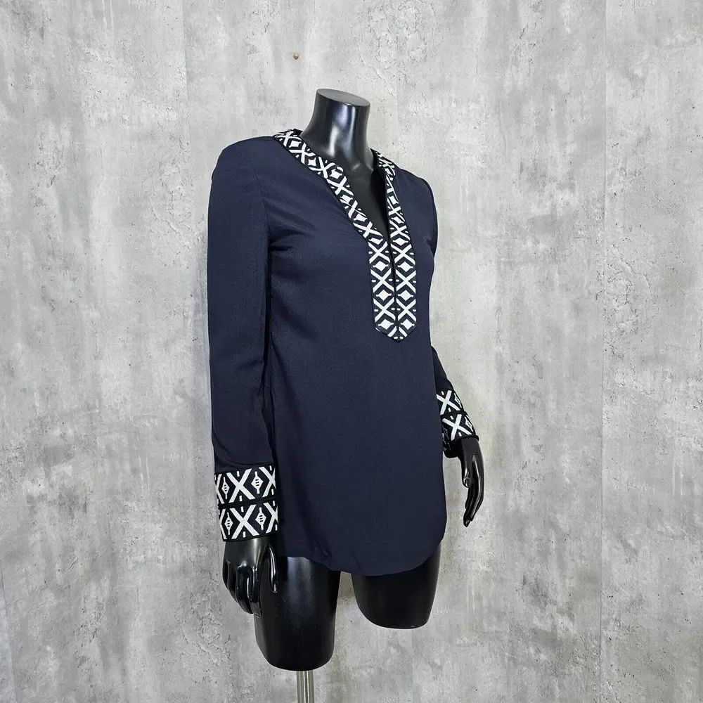Tory Burch 2 Navy Blue Ariana Embroidered Knit Trim V Neck Long Sleeve Tunic Top